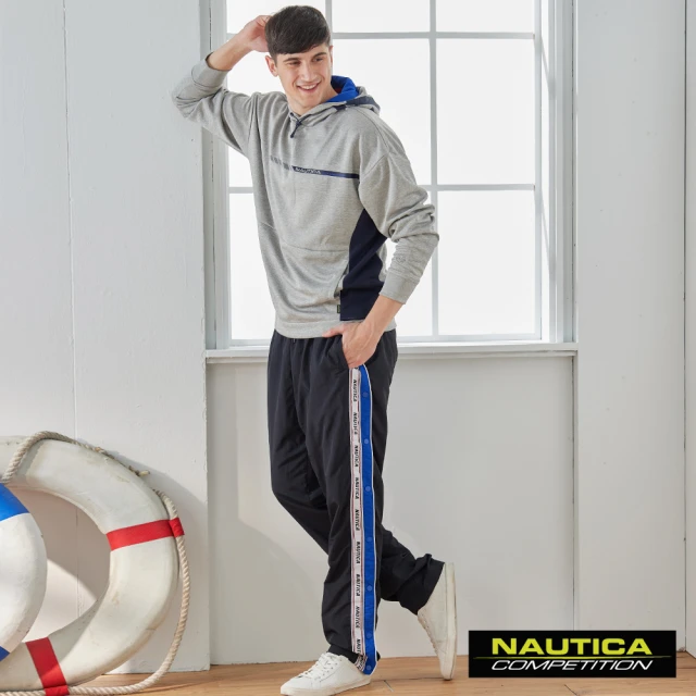 【NAUTICA】男裝 COMPETITION休閒撞色拼接運動長褲(黑)