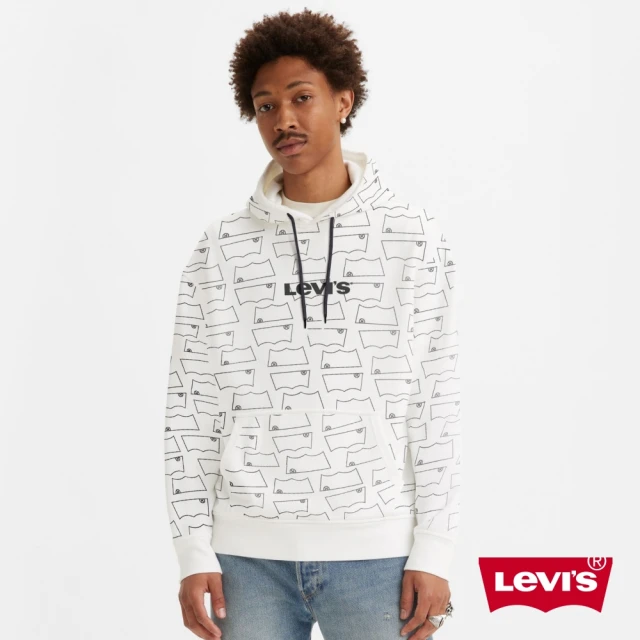 【LEVIS】男款 寬鬆版重磅口袋帽T / 滿版描框Logo 白 人氣新品