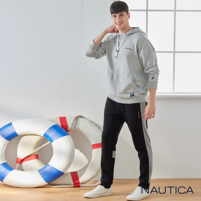 【NAUTICA】男裝 修身拼接刷毛縮口長褲(黑色)