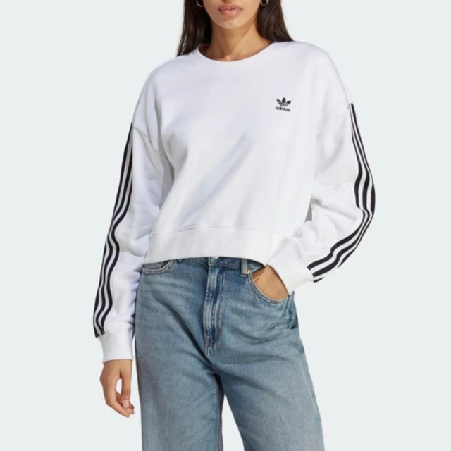 【adidas 愛迪達】Sweatshirt 女 長袖上衣 運動 經典 休閒 復古 短版 時尚 穿搭 白黑(IB7398)