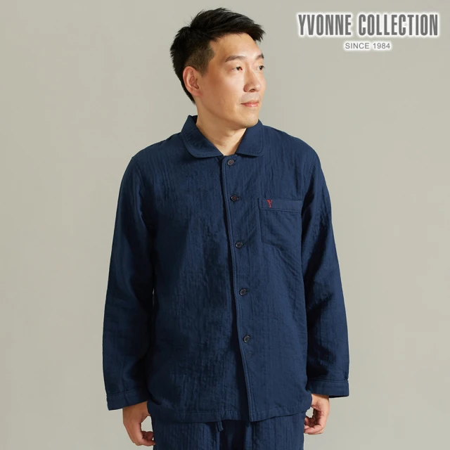 【Yvonne Collection】雙層紗襯衫式長袖上衣(丈青)