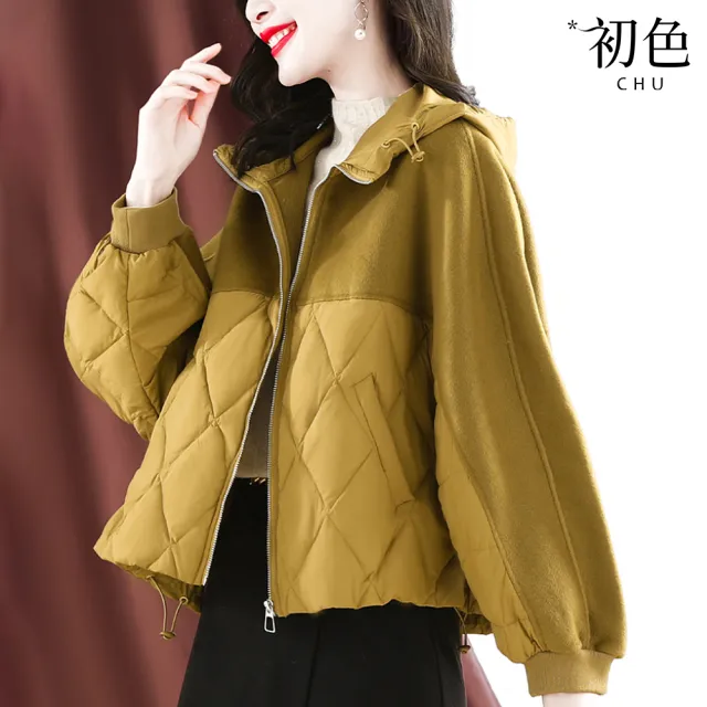 【初色】保暖短版蝙蝠袖連帽壓紋鋪棉外套-黃色-64756(M-2XL可選)