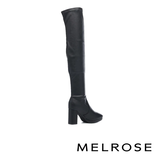 過膝長靴推薦-【MELROSE】時髦俐落純色彈力皮革方頭高跟過膝長靴(黑)