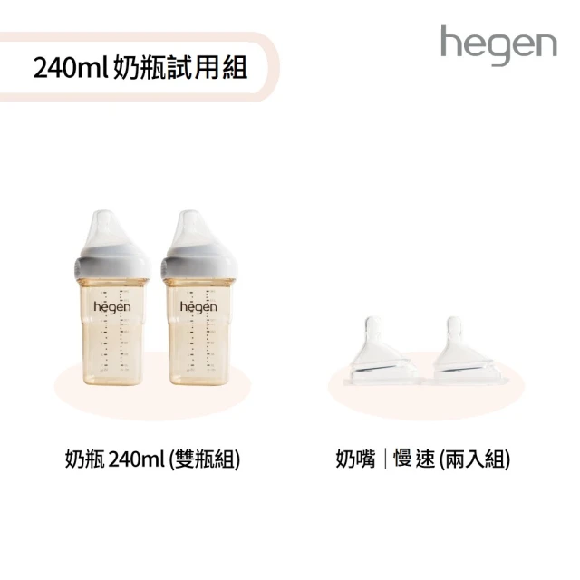 【hegen】小金奶瓶 試用組(寬口奶瓶240ml*2+慢速奶嘴*2)