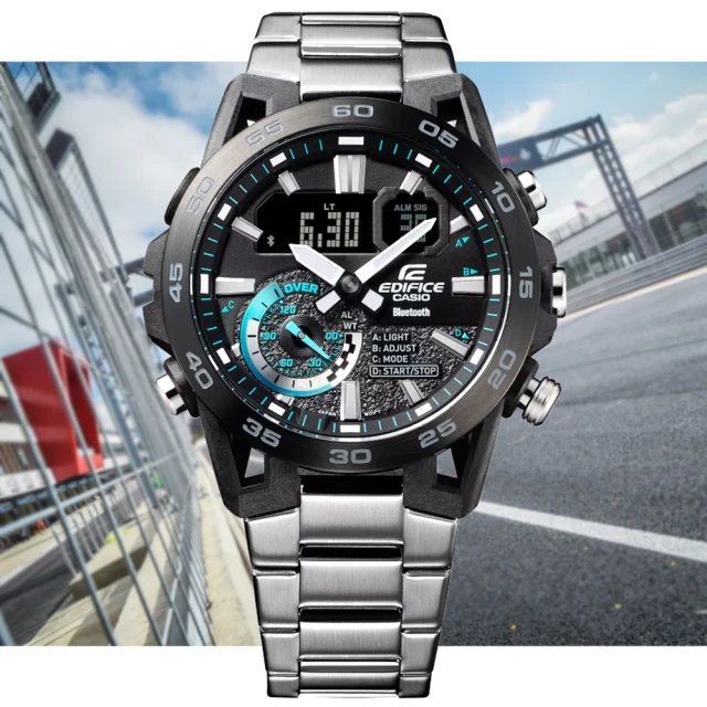 【CASIO 卡西歐】EDIFICE 智慧藍芽碳纖維懸吊設計賽車造型雙顯錶-鋼帶 灰(ECB-40DB-1A 防水100米)