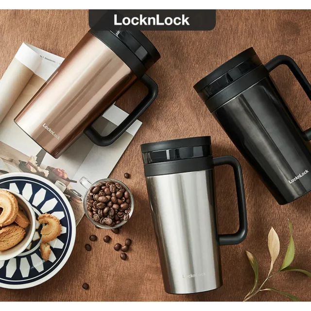 【LocknLock樂扣樂扣】不鏽鋼轉蓋辦公室保溫咖啡杯580ml(三色任選\附濾網\泡茶杯\手柄設計)