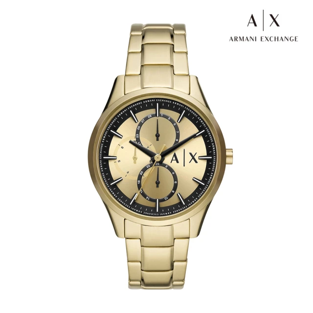 【A|X Armani Exchange】Dante 經典潮流三眼多功能手錶 金色不鏽鋼鍊帶 42MM AX1866