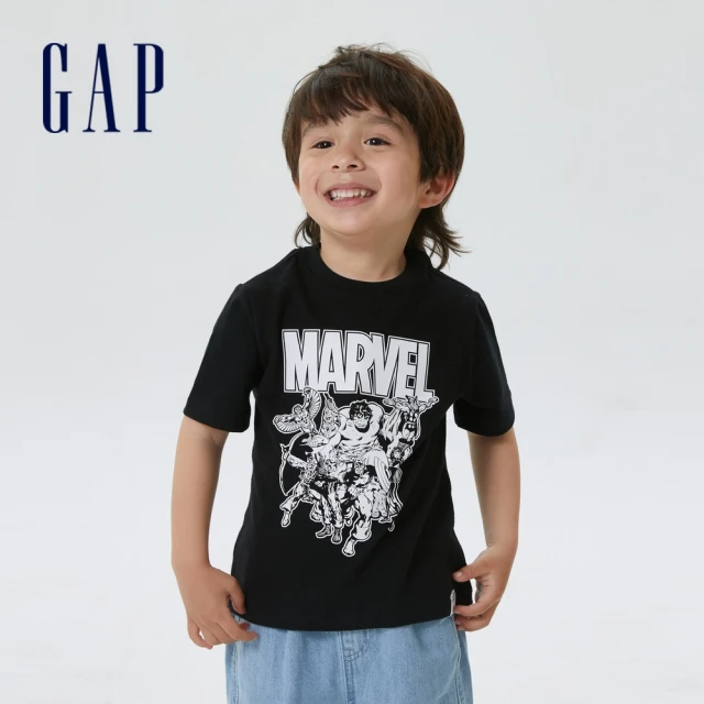 【GAP】男幼童 Gap x Marvel 漫威聯名 印花圓領短袖T恤(595305-黑色)