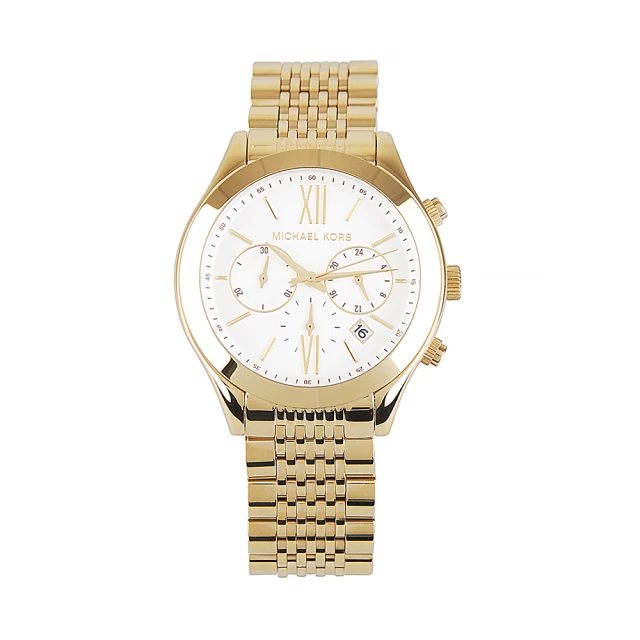 【Michael Kors】MICHAEL KORS金字LOGO不銹鋼白面石英錶(42mm/男女款/金x白)