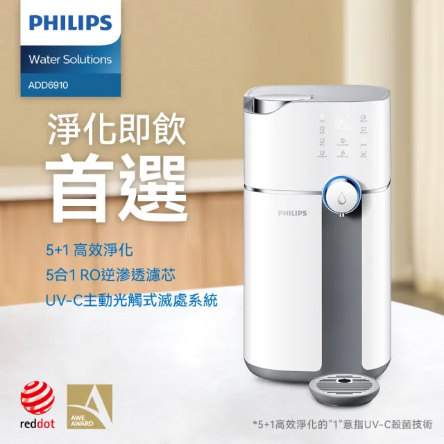 【Philips 飛利浦】新一代★智能雙效UV-C滅菌/RO濾淨瞬熱飲水機(ADD6910)+手持式蒸汽掛燙機