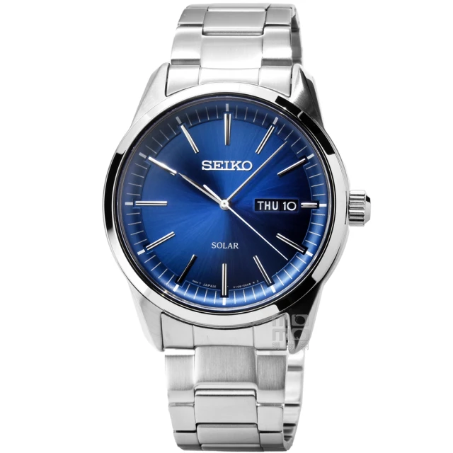 【SEIKO 精工】精工太陽能藍寶石鋼帶男錶-藍(SNE525P1)