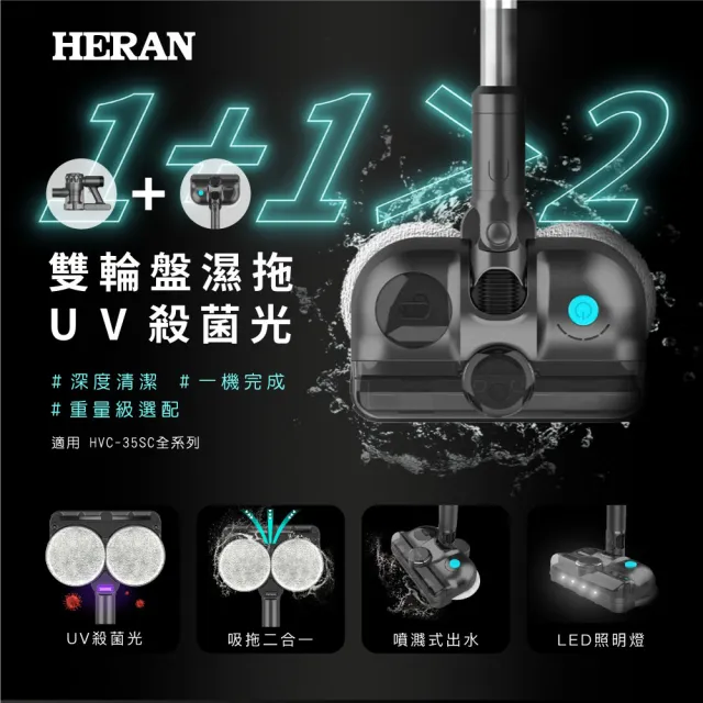 【HERAN 禾聯】LED燈顯智能灰塵感應吸塵器濕拖地刷超值組(HVC-35SC010)