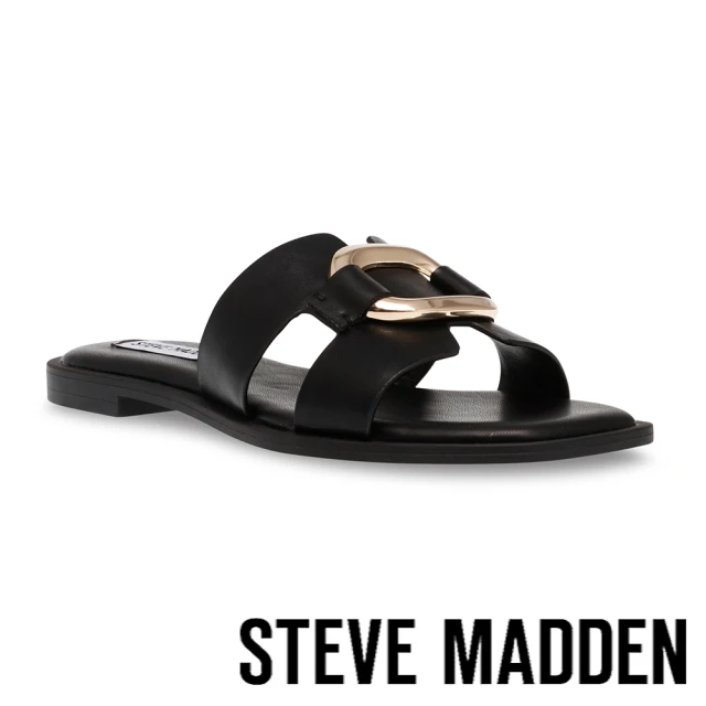 【STEVE MADDEN】GO-GETTER 真皮金飾扣平底拖鞋(黑色)