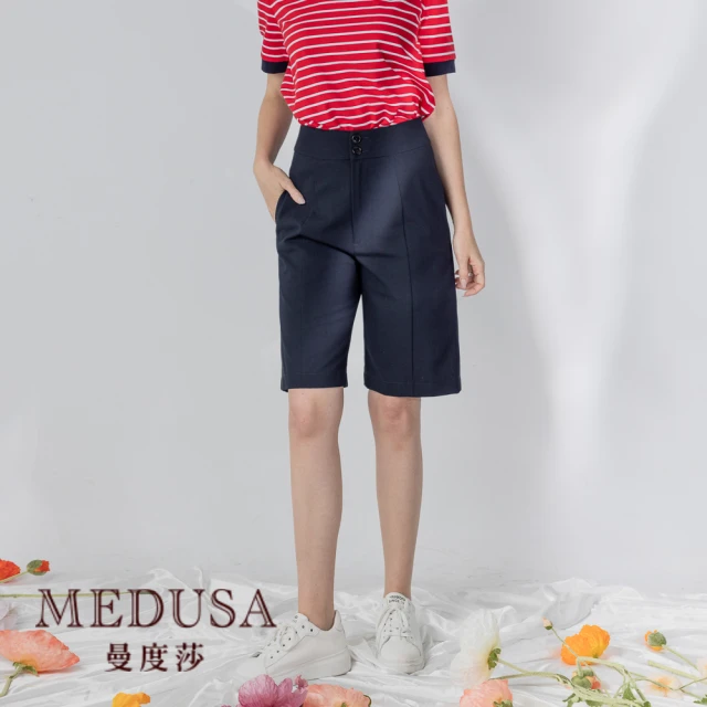 【MEDUSA 曼度莎】現貨-深藍中線直筒短褲（M-XL）｜女短褲 休閒短褲 顯瘦短褲(101-62202)