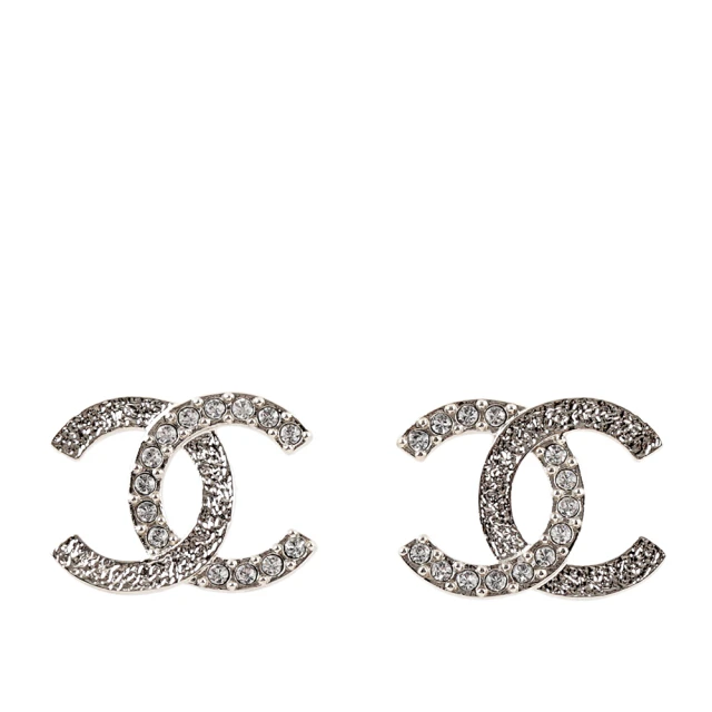 【CHANEL 香奈兒】CC Logo 半鑲水晶針式耳環(銀色)