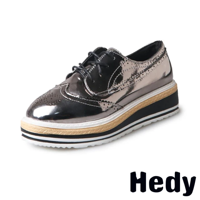 【Hedy】方頭牛津鞋 厚底牛津鞋/金屬亮皮布洛克雕花小方頭草編厚底時尚牛津鞋(銀)