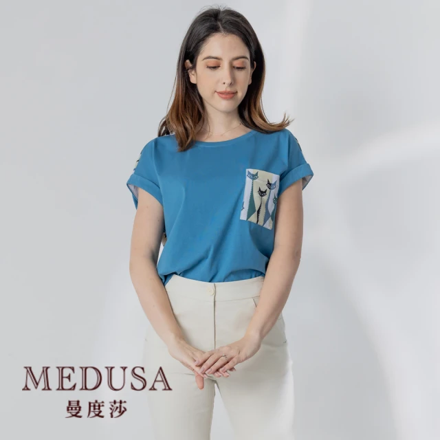 【MEDUSA 曼度莎】現貨-後雪紡拼接 藍色貓咪T恤（M-XL）｜女上衣 女短袖上衣 拼接(101-71101)