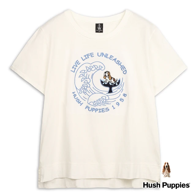 【Hush Puppies】女裝 T恤 趣味Q版狗刺繡海浪短袖T恤(米白 /33211203)