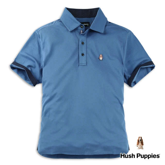 【Hush Puppies】男裝素面小狗標翻袖POLO衫(藍色 / 33101201)