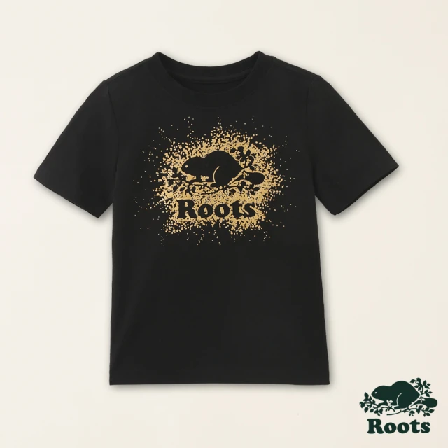 Roots【Roots】Roots小童-星際遨遊系列 金屬潑墨海狸短袖T恤(黑色)