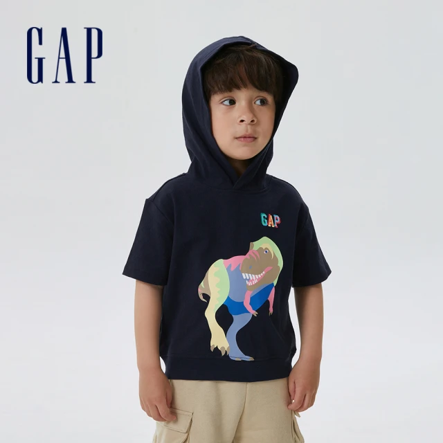 【GAP】男幼童 Logo寬鬆連帽休閒短袖上衣 厚磅密織水洗棉系列-海軍藍(598611)