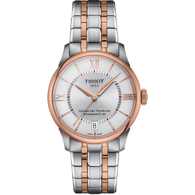 【TISSOT 天梭】杜魯爾系列動力80小時機械女錶-銀x玫瑰金/34mm(T139.207.22.038.00)