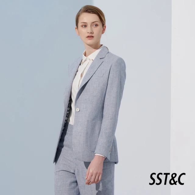SST&C【SST&C 新品８折】淺灰藍格紋方領西裝外套7162305002