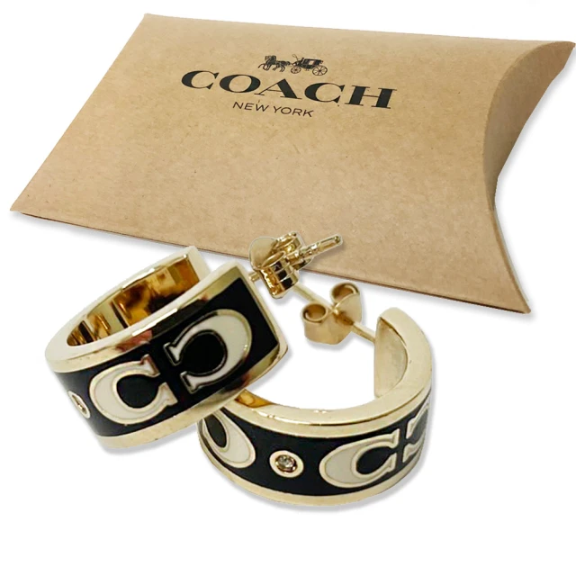 COACH【COACH】C LOGO 亮鑽穿針式琺瑯耳環(黑/金)