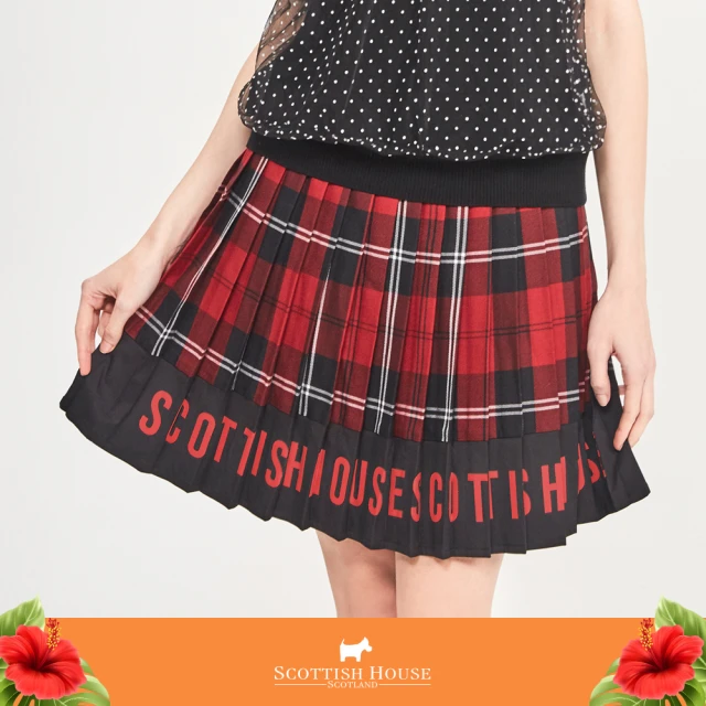 【SCOTTISH HOUSE】紅黑格 拼接素面 壓摺 格紋裙(AQ2127)