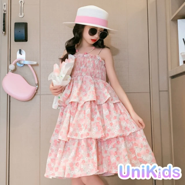 UniKids【UniKids】中大童粉嫩吊帶蛋糕裙洋裝 碎花雪紡 女大童 CV2368(粉紅)
