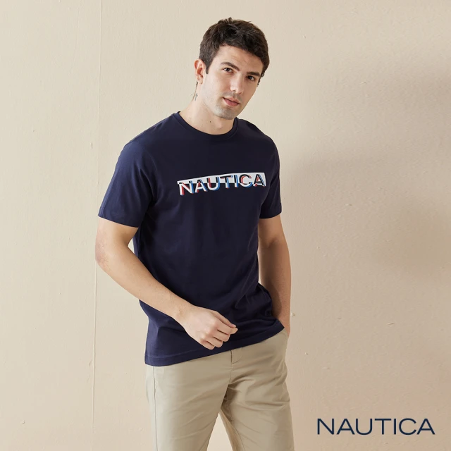 NAUTICA【NAUTICA】男裝 撞色簡約LOGO短袖T恤(深藍)
