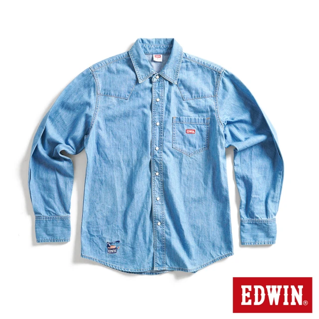 EDWIN【EDWIN】男裝 露營系列 刺繡LOGO長袖牛仔襯衫(石洗藍)