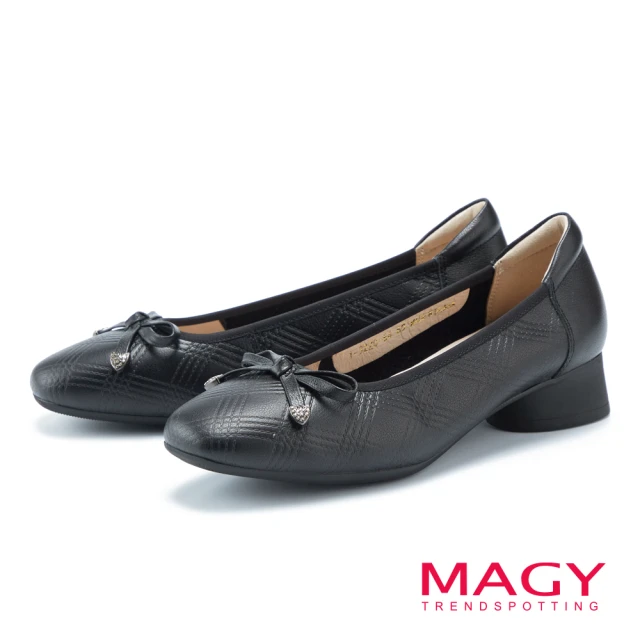 MAGY【MAGY】細版蝴蝶結真皮圓跟低跟鞋(黑色)