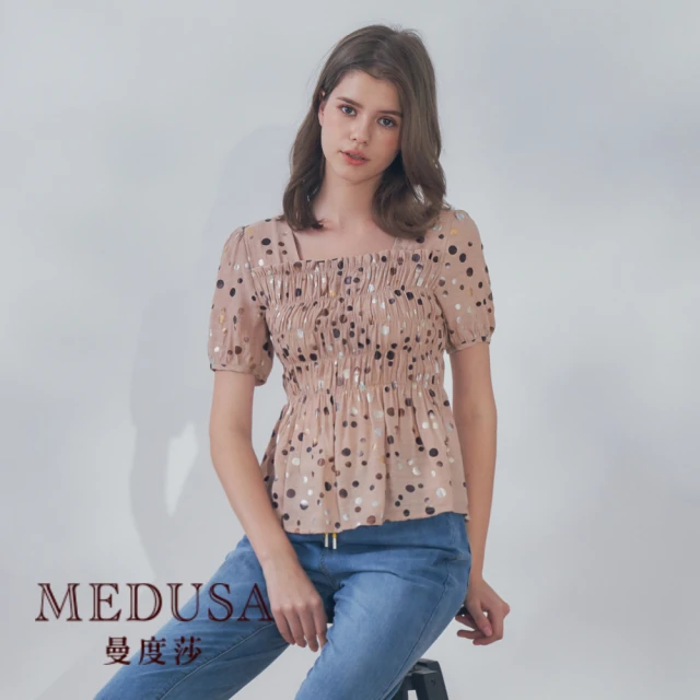 【MEDUSA 曼度莎】現貨-圓點抽褶嫘縈方領上衣（M-XL）｜女上衣 女短袖上衣 涼感(101-75801)