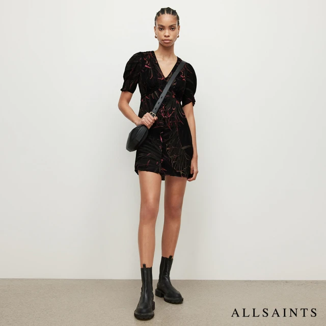 【ALLSAINTS】DEMI LUAR 人造絲V領貼身印花短洋裝(修身版型)