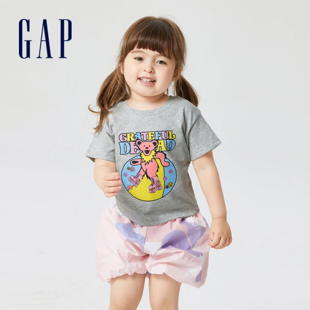 【GAP】女幼童 Gap x 美式畫風聯名 印花圓領短袖T恤-灰色(670354)