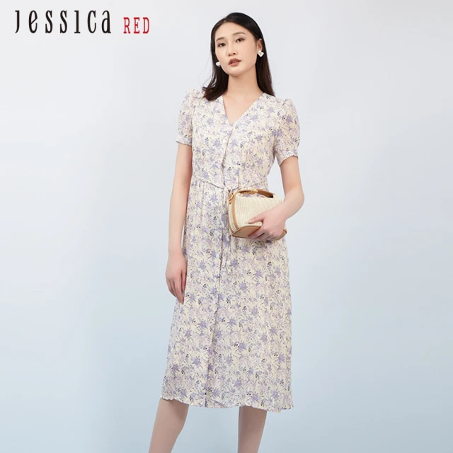 【JESSICA】碎花雪紡綁帶收腰短袖長洋裝833Z71（紫）