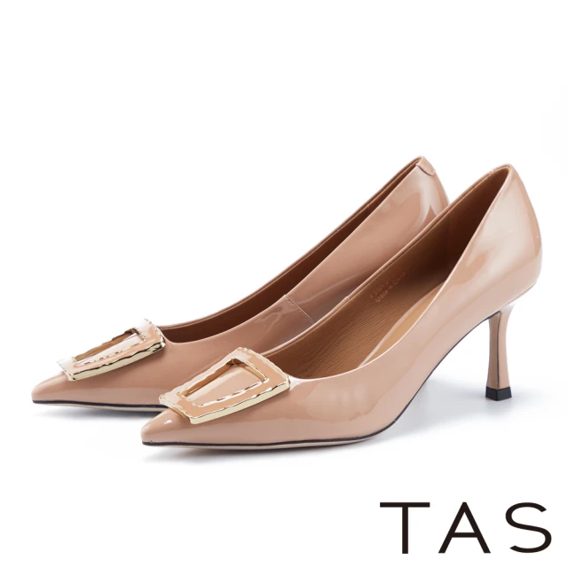 【TAS】時尚方釦牛漆皮尖頭高跟鞋(粉橘)