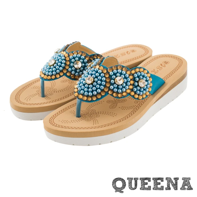 【QUEENA】坡跟拖鞋 厚底拖鞋 夾腳拖鞋/波西米亞民族風復古彩色圓盤串珠坡跟厚底夾腳拖鞋(藍)