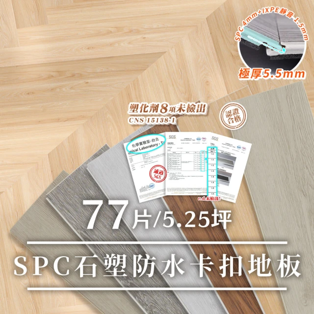 【樂嫚妮】SPC石塑卡扣地板 巧拼木地板 木紋地板 防滑耐磨 可自由裁切 77片入/約4.9坪