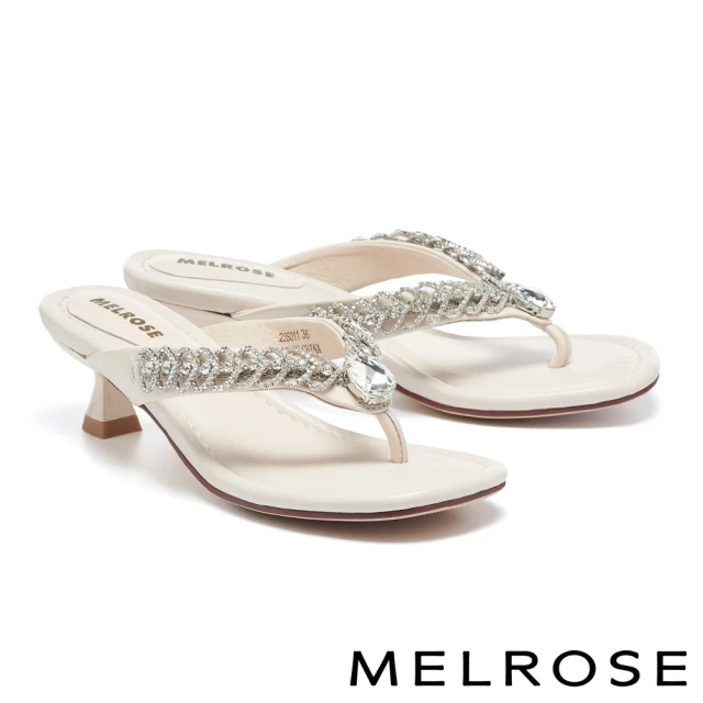 MELROSE 質感時髦水鑽鏈條方頭高跟夾腳拖鞋(米)