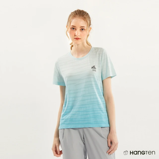 Hang Ten 女裝-REGULAR FIT銅纖維無縫漸層透氣吸濕排汗短袖上衣(藍)