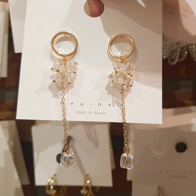 BBHONEY 韓國製 閃耀鑽石切割水晶 長鍊吊墜耳環(韓國東大門飾品)