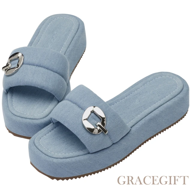 Grace GiftGrace Gift 紀卜心聯名-泡泡棉花糖厚底拖鞋(牛仔)