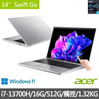 【Acer 宏碁】14吋i7 觸控輕薄EVO筆電(Swift Go SFG14-71T/i7-13700H/16G/512G SSD/Win11)