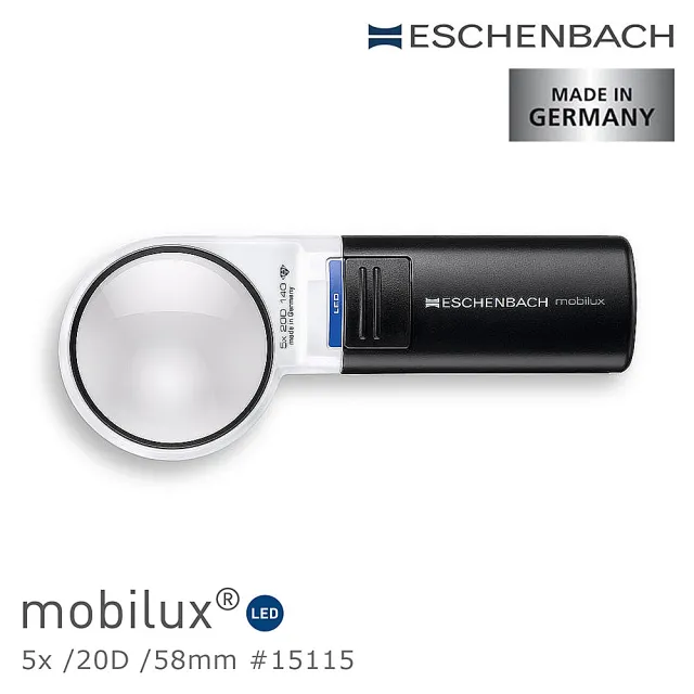 【德國 Eschenbach】mobilux LED 5x/20D/58mm 德國製LED手持型非球面放大鏡 15115(公司貨)