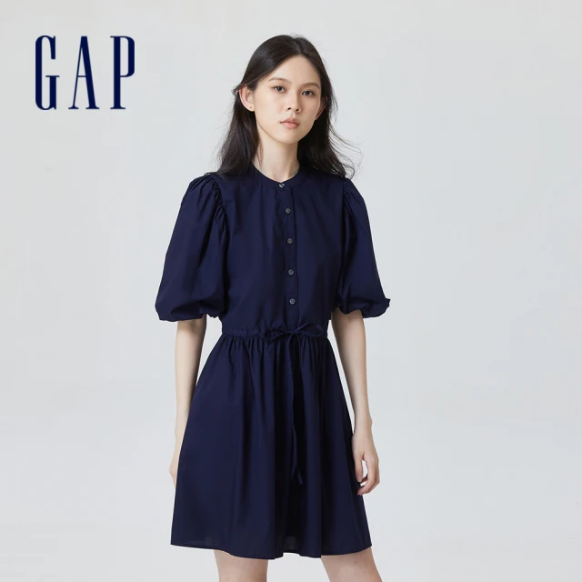 GAP 女裝 歐美風輕薄修身泡泡袖短袖洋裝-藏藍色(665835)