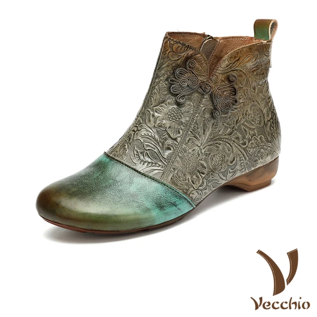 VecchioVecchio 真皮短靴 低跟短靴/全真皮頭層牛皮手工皮雕擦色中國風盤扣造型低跟短靴(灰)
