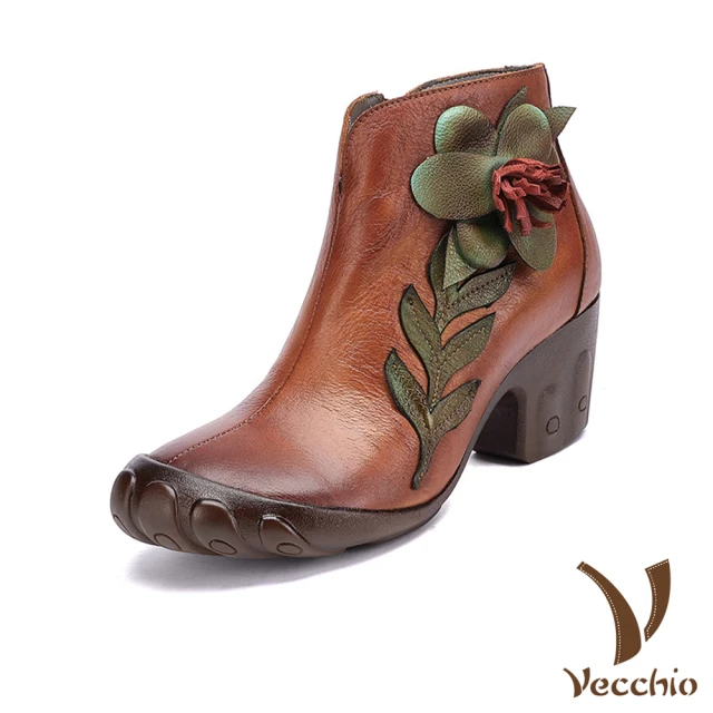 VecchioVecchio 真皮短靴 粗跟短靴/全真皮頭層牛皮手工擦色立體花朵粗跟短靴(棕)