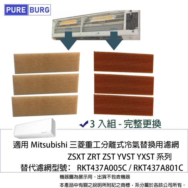 PUREBURG 適用Mitsubishi三菱重工分離式冷氣ZSXT ZRT ZST YVST YXST 濾網3入組(3入組)